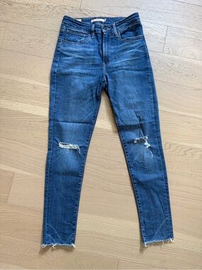 Levi's Medium Blue 721 High Rise Skinny Jeans with Knee Rips